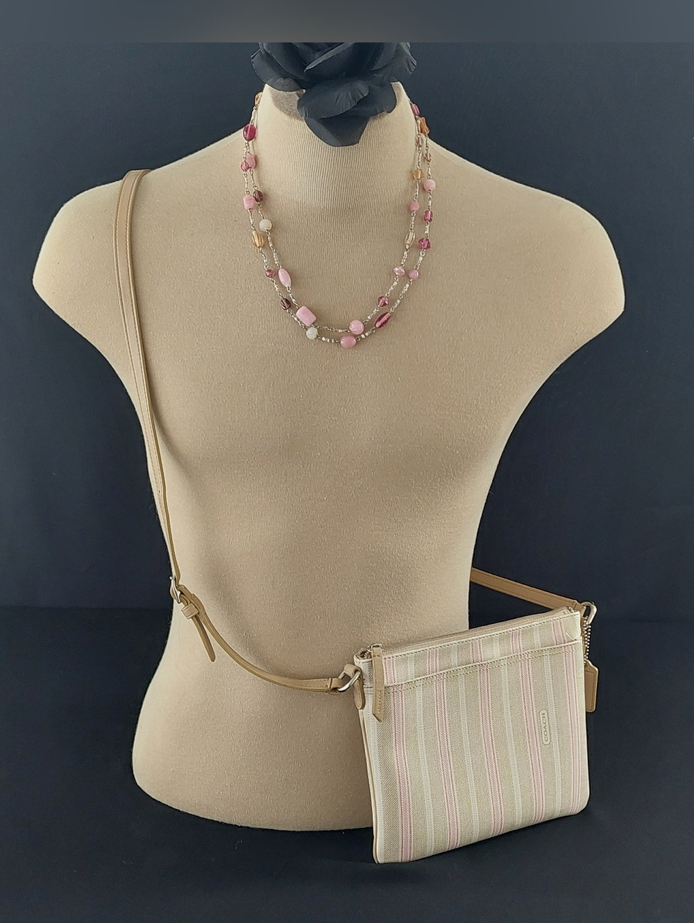 Coach Legacy Weekend Ticking Stripe Medium Swingpack Crossbody Tan Pink Leather